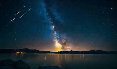 Wall Mural - A breathtaking view of the Milky Way and meteors over a serene lake at night
