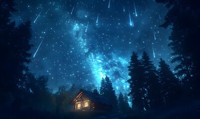 Wall Mural - A secluded cabin glows beneath a celestial shower of shooting stars in a dark forest