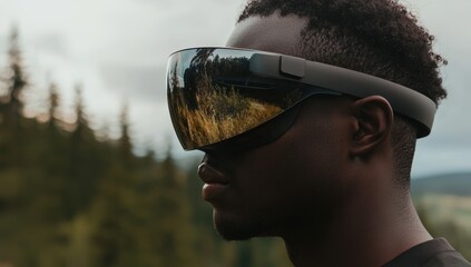 A man wearing augmented reality glasses and a futuristic user interface
