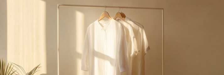 Aufkleber - Minimalist clothing rack showcasing neatly arranged garments in warm sunlight. Generative AI