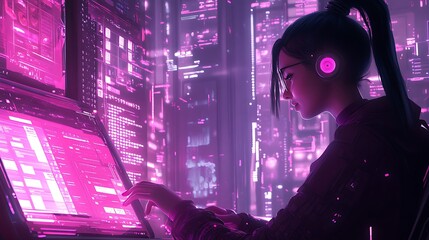 Futuristic female programmer working on multiple screens in a neon-lit cyberpunk city.