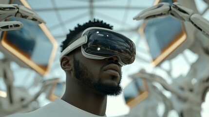In the meta universe's virtual world, an African American man explores and utilizes different application interfaces within the cyberspace