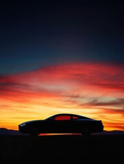 Poster - Silhouette of a sleek car against a vibrant sunset sky with ample space for text. Generative AI