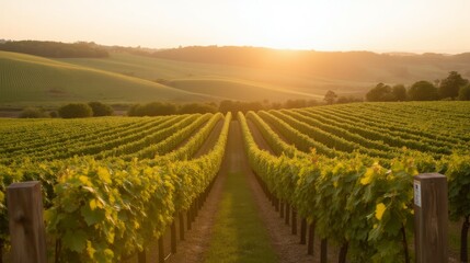 Wall Mural - Serene Vineyard Landscape at Sunset with Rows of Green Grapes