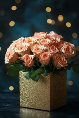 Wall Mural - Peach roses bouquet in a golden gift box with a ribbon, sparkling under bokeh lights, creating a romantic and luxurious atmosphere