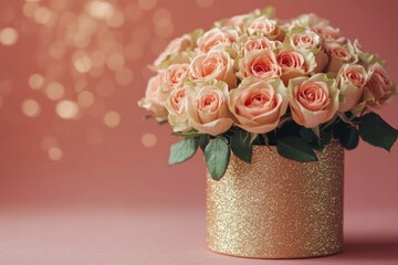 Wall Mural - Peach roses arranged in a golden glitter vase create a luxurious and romantic atmosphere