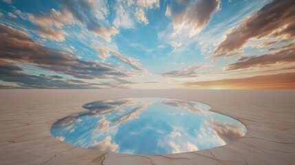 Wall Mural - Beautiful landscape of a desert-like landscape with a large puddle of water in the center. the sky is filled with fluffy white clouds that are reflected in the water, creating a mirror-like effect.