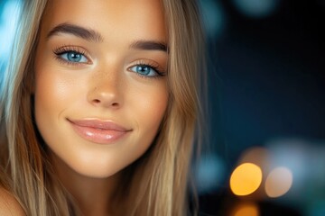 Wall Mural - Smiling young caucasian female with long blonde hair and blue eyes