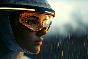 Futuristic soldier using glowing augmented reality displays to scan a war zone