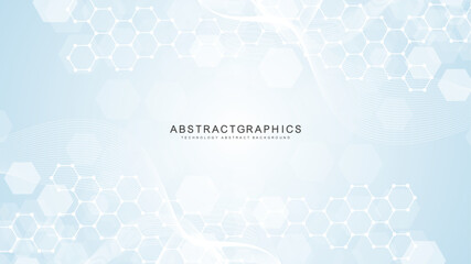 Wall Mural - modern scientific background with hexagons, lines and dots. wave flow abstract background. molecular
