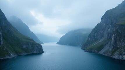 Wall Mural - Serene Misty Fjords Landscape with Calm Blue Waters and Mountains