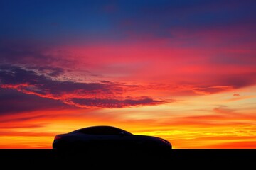 Poster - Silhouette of a sleek car against a vibrant sunset sky with spacious area for customizable text. Generative AI