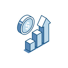 Wall Mural - isometric vector linear icon of chart with arrow and dollar coin, in color on white background, financial growth or success