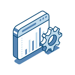 isometric vector linear icon of program window with chart and gear, in color on white background, financial analytics or data work