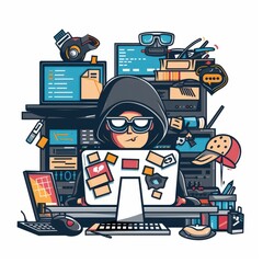 A man in a hoodie is sitting in front of a computer with a laptop and a keyboard