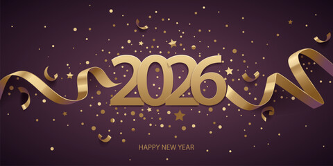 Wall Mural - Happy New Year 2026. Golden numbers with ribbons and confetti on a dark purple background.