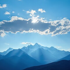 Poster - Majestic mountain range under bright sky with soft clouds and sunny rays illuminating the landscape. Generative AI