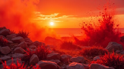 Wall Mural - Dramatic Sunset Over Ocean with Red Mist and Splashing Waves