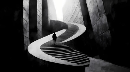 Wall Mural - A person walks up the stairs of an endless black and white architectural space that leads to the light at the end of the tunnel. Endless Staircases. Illustration