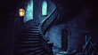 © Thiago - Dark spiral staircase, endless descent. Endless Staircases. Illustration