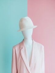 Leinwandbilder - Stylish mannequin displays modern fashion against a pastel backdrop with a clean design for text placement. Generative AI