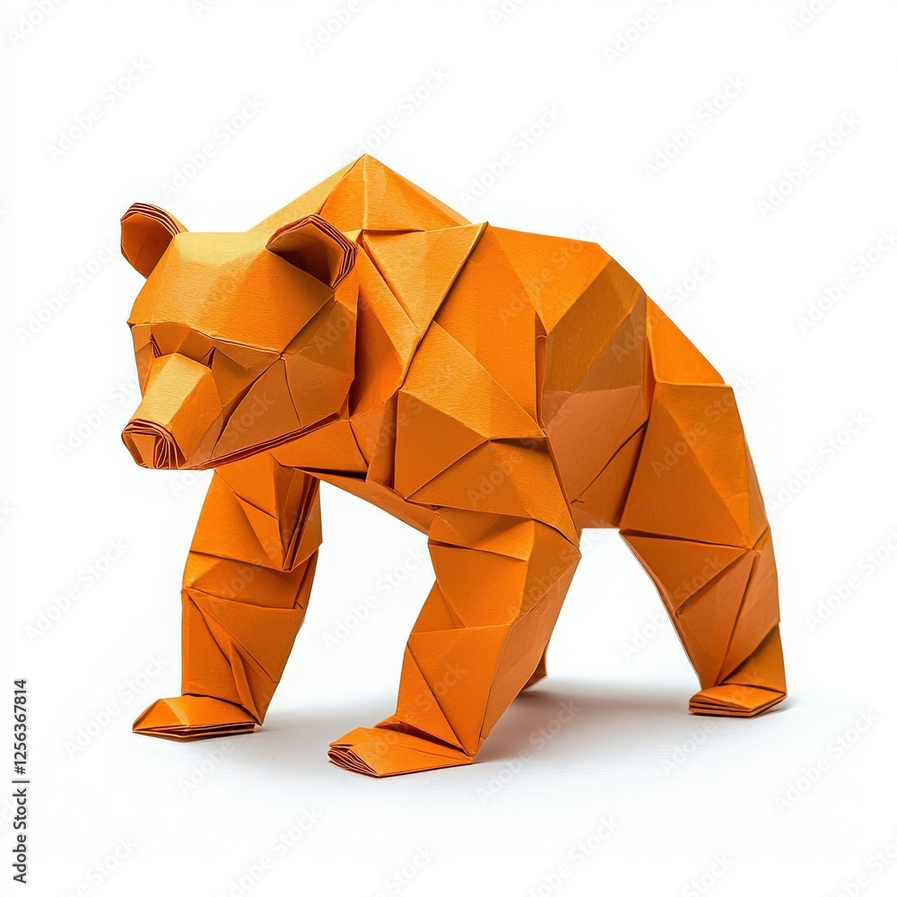 A vibrant orange origami bear showcases intricate folds and sharp angles. This paper art is displayed against a white background, highlighting the craftsmanship and creativity involved in its design.