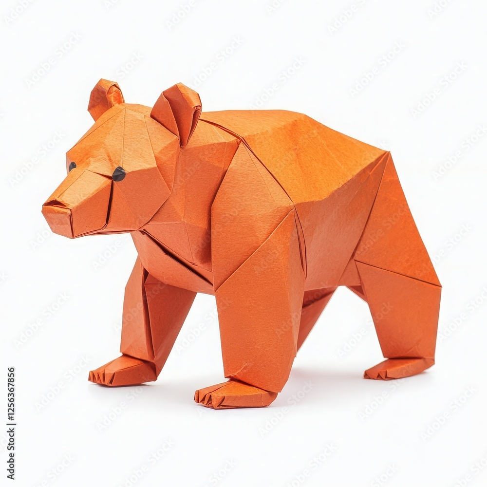 A beautifully designed origami bear made from vibrant orange paper stands on a white background. This piece showcases exceptional craftsmanship, ideal for art enthusiasts or educational purposes.
