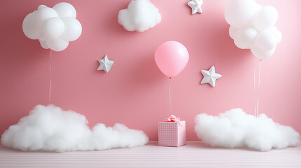 Wall Mural - Pink and white balloons floating above fluffy clouds with star decorations against pastel background representing dreamy celebration, party decor, and festive atmosphere