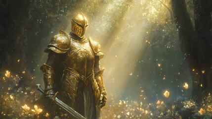 Wall Mural - A golden armored knight standing in a mystical forest, surrounded by ethereal light and nature's beauty. Ethereal Armor. Illustration