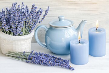 Canvas Print - Calm still life composition featuring dried lavender, blue candles, and a vintage teapot that captures rustic charm and tranquility in a cozy setting