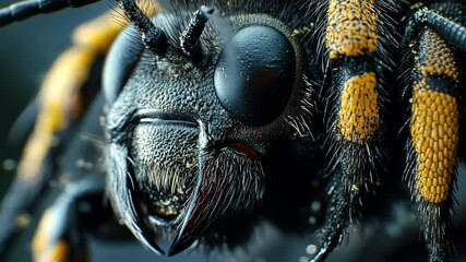 Wall Mural - Close-up wasp head, dark background, nature macro