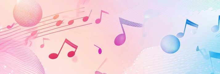 Fototapete - Explore the vibrant world of K pop with a minimalist background featuring music notes and microphones. Generative AI