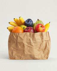 Fresh fruit assortment in a brown paper bag arranged against a light background for a healthy lifestyle