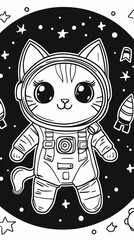 Wall Mural - adorable space cat pirate in spaceship coloring page for kids - minimalist svg vector