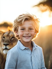 Poster - Regal lion portrait with glowing mane against a stunning sunset backdrop, perfect for adding text. Generative AI