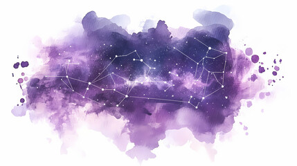 Wall Mural - Celestial zodiac constellations purple watercolor background. Dreamlike Canals. Illustration