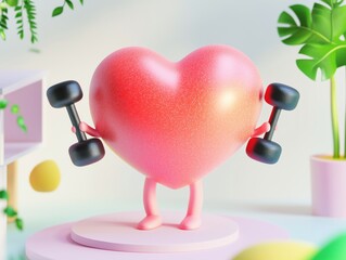 Adorable 3D heart character lifting black dumbbells in a pastel interior. Cute fitness mascot with a glossy gradient texture, standing on a round platform with house plants in the background