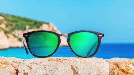 Poster - Stylish Green Sunglasses on Stone Wall with Ocean Background