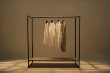 Leinwandbilder - Minimalist clothing rack showcases neatly arranged white and beige shirts in a softly lit, calming space. Generative AI