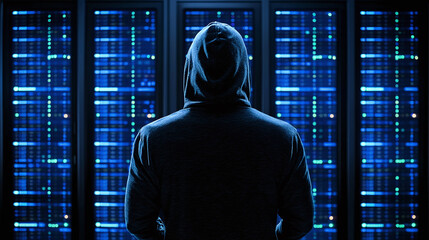 Anonymous figure stands before glowing server racks, hinting at data security, network threats, and digital intrigue. Mystery and tech combine.