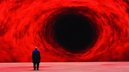 Wall Mural - a man stands before a vast, swirling red void, a dramatic contrast of dark and light.