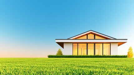 Poster - Modern House with Large Windows in Green Landscape at Sunset