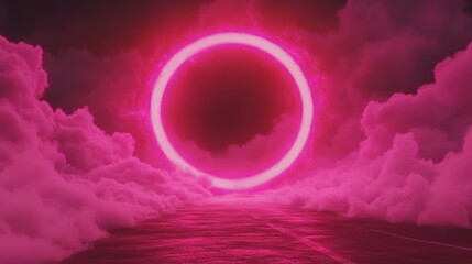 Sticker - Pink neon circle in a dreamy cloudscape. Futuristic, surreal, and vibrant.