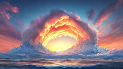 Canvas Print - Surreal sunset landscape with a fiery cloud formation creating a breathtaking arch over a snowy mountain range and ocean.