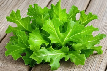 Wall Mural - Fresh kale leaves arranged beautifully on a rustic wooden table showcasing vibrant green hues and intricate textures ideal for healthy culinary creations