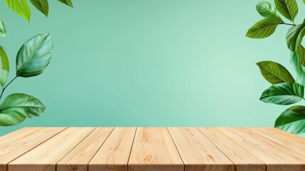 Canvas Print - Natural Green Background with Wooden Table and Leaf Accents