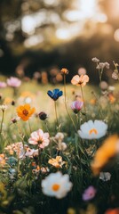 Wall Mural - colorful wildflowers blooming in a sunny meadow during springtime