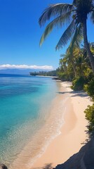 Poster - Beautiful tropical beach with white sand and palm trees under a bright blue sky