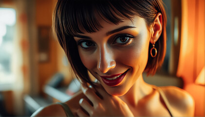 Wall Mural - Portrait of a confident young woman with short hair, earrings, and a bright smile in warm indoor lighting