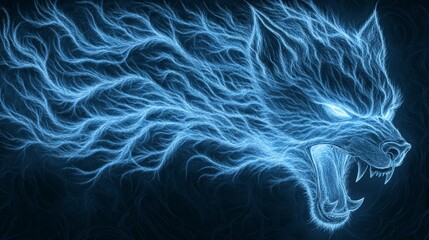 Sticker - Glowing blue energy forms a snarling wolf's head, a powerful digital art piece.